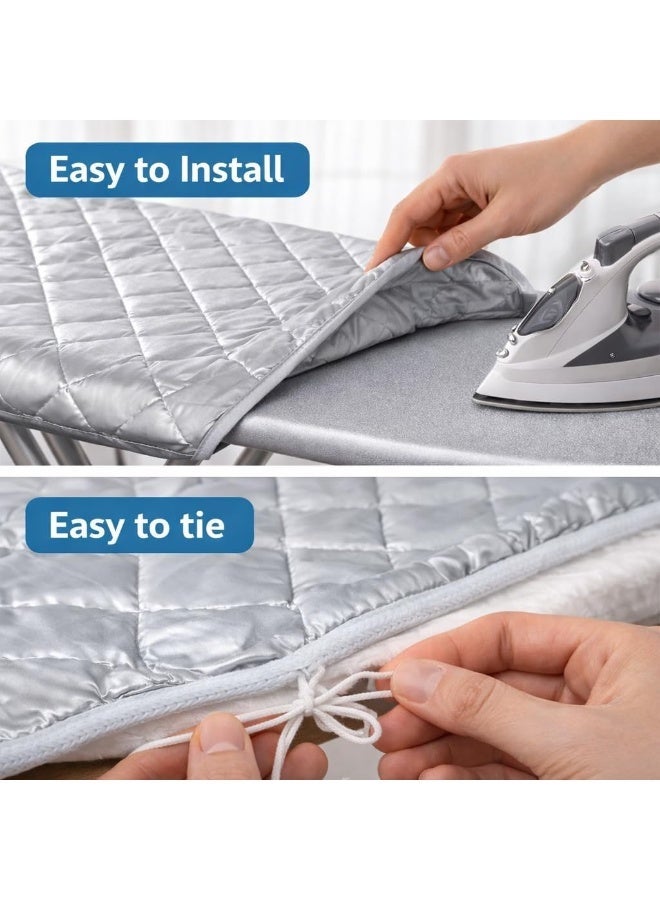 غطاء طاولة كي فاخر مبطن من قماش عاكس للحرارة مع حافة مرنة وبطانة سميكة للضغط بشكل اسرع وازالة التجاعيد، سطح قابل للغسل يناسب الالواح القياسية والمنزل، 140 × 50 سم، فضي - Image 3